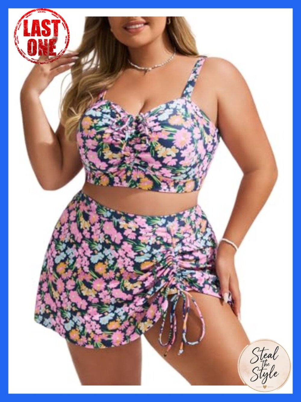 High Waisted Bikini Set with Drawstring Swim Skirt Plus Size